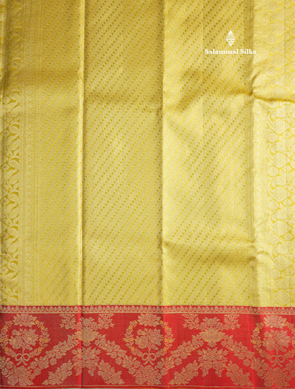 Beautiful Gold Tissue Bridal Pure Kanjivaram Silk Saree With Contrast Chilly Red Border