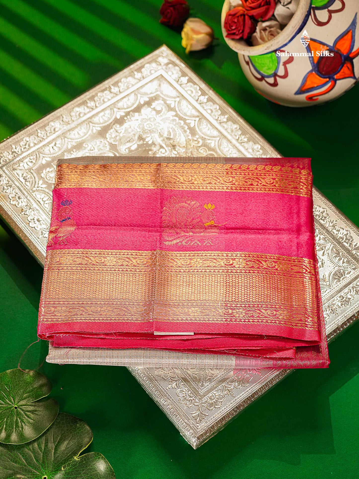 Pure Silk Cotton Saree - Grey White Small Zari Checks With Butta Along With Contrast Pink Traditional Evening Morning Border