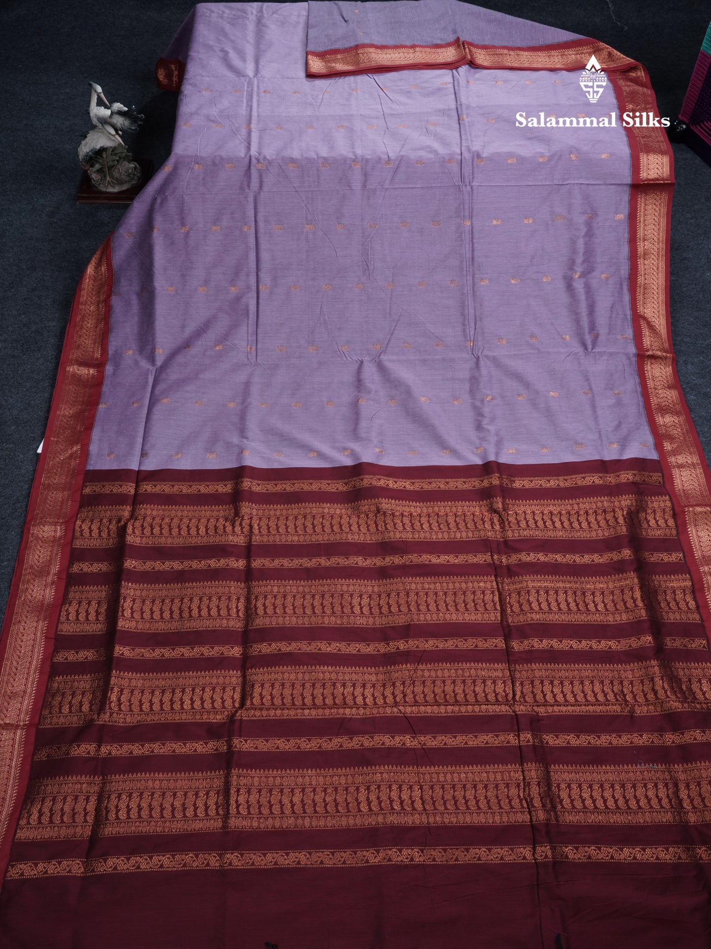 Lavender Kalyani Cotton Saree With Contrast Maroon Border