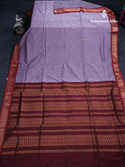 Lavender Kalyani Cotton Saree With Contrast Maroon Border
