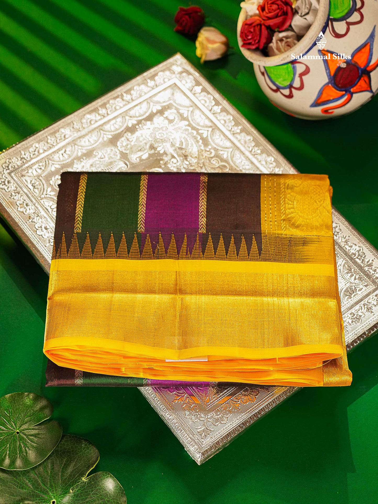 Pure Silk Cotton Saree - Multicolour Along With Contrast Yellow Border
