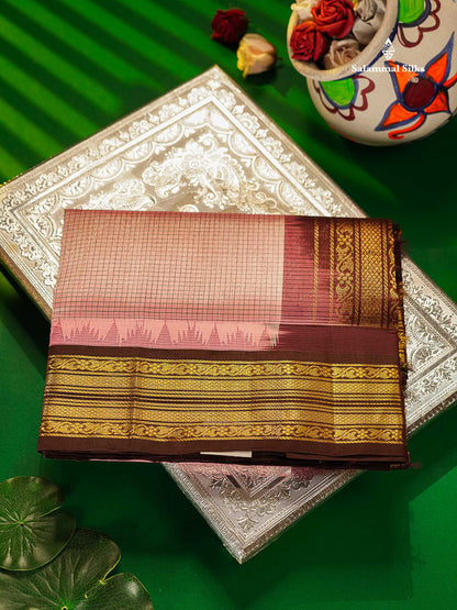 Pure Silk Cotton Saree - Light Pink Small Checks Along With Contrast Dark Brown Traditional Border