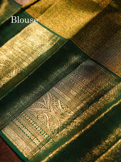 Peach Tissue Bridal Pure Kanjivaram Silk Saree With Contrast Bottle Green Border