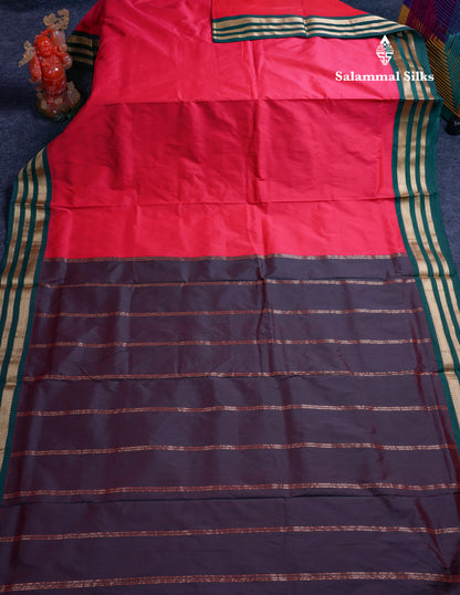 9.5 Yards Semi Silk Saree Chilly Red with Contrast Bottle Green Traditional Border