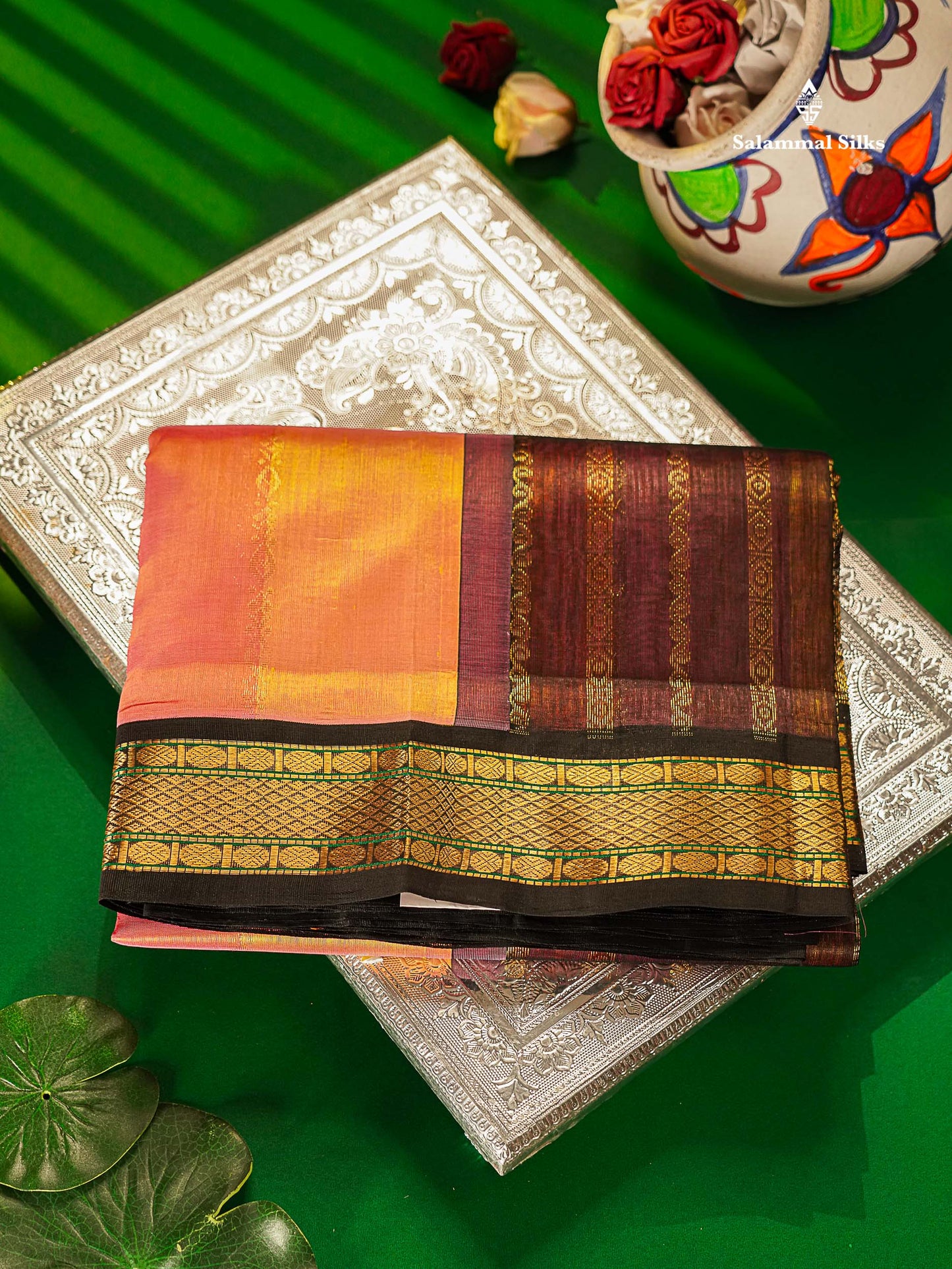 Pure Silk Cotton Saree - Multicolour Along With Contrast Black Traditional Border