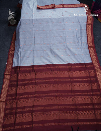 Blueish Grey Kalyani Cotton Saree With Contrast Maroon Border