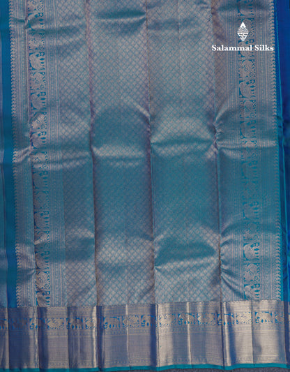 Beautiful Dual Tone Peacock Blue Bridal Pure Kanjivaram Silk Saree With Traditional Evening Morning Border