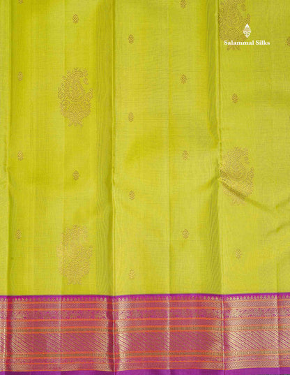 Korvai Pure Kanjivaram Silk Saree - Parrot Green Colour Body Zari Butta With Vadamalli Border