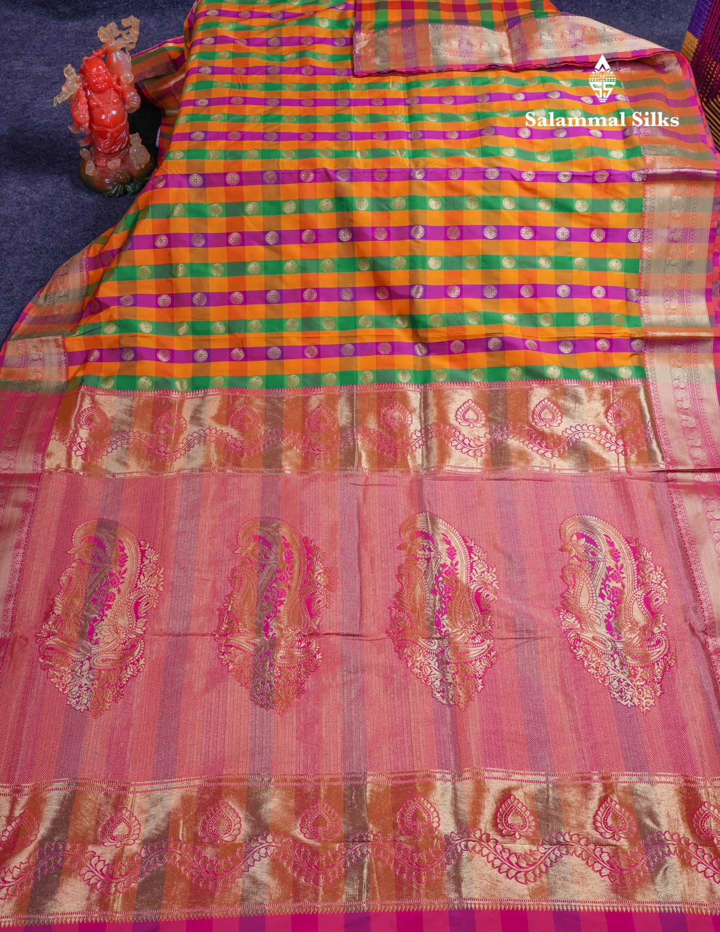 9.5 Yards Semi Silk Saree Paalum Pazham Checks With Contrast Pink Traditional Border