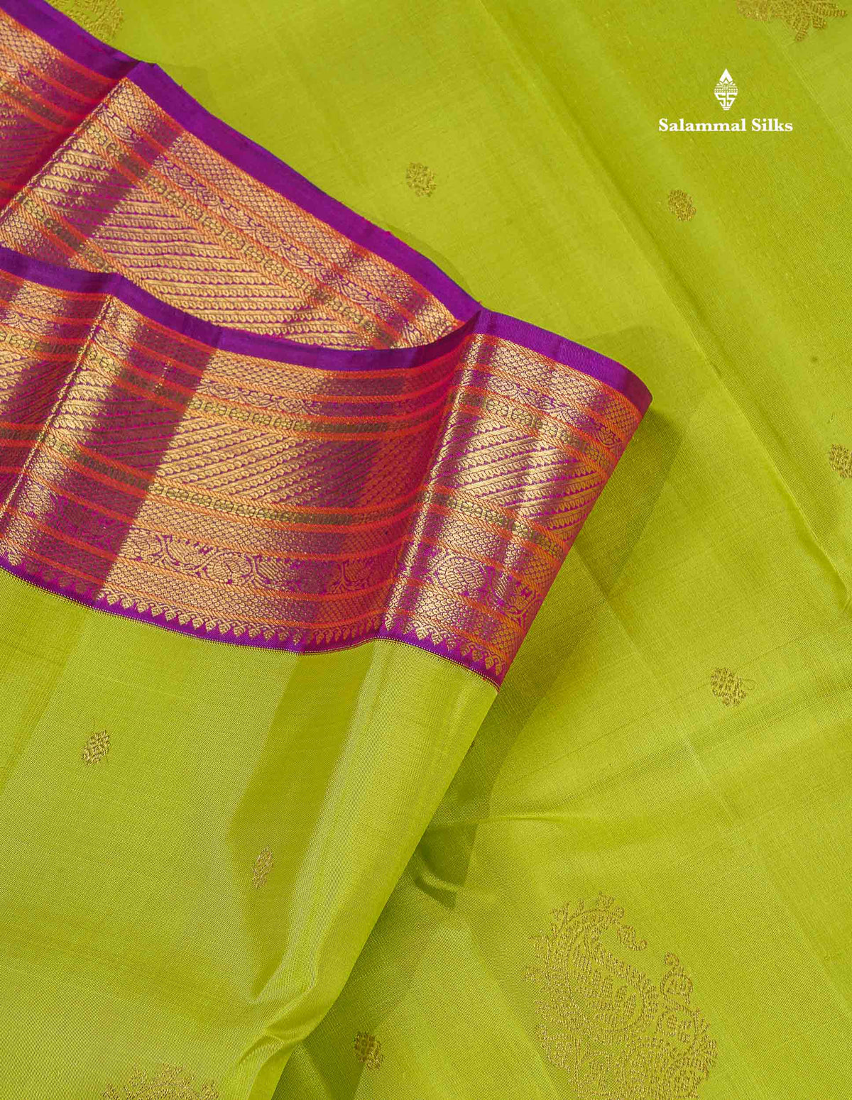 Korvai Pure Kanjivaram Silk Saree - Parrot Green Colour Body Zari Butta With Vadamalli Border