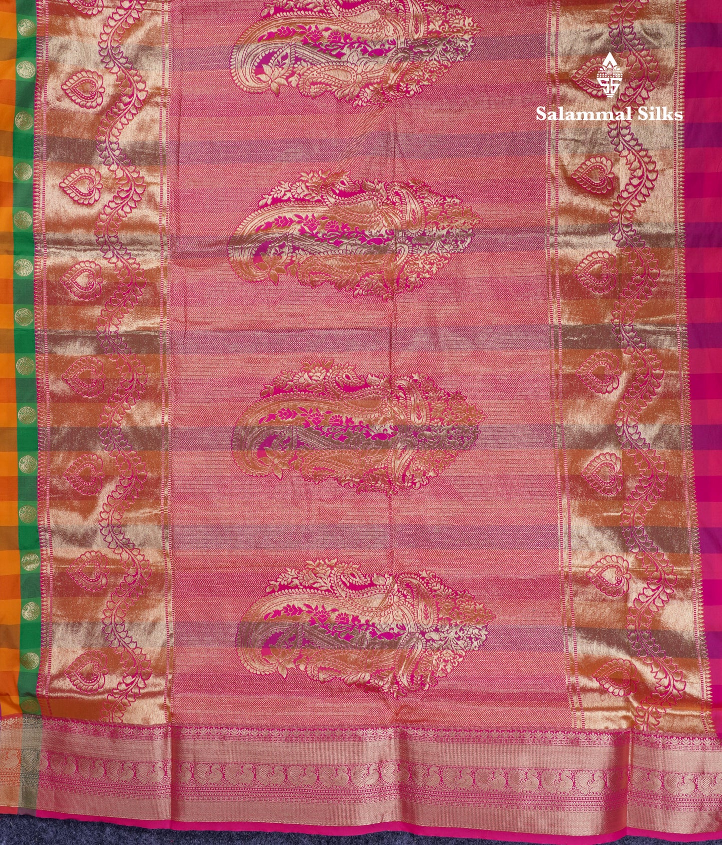 9.5 Yards Semi Silk Saree Paalum Pazham Checks With Contrast Pink Traditional Border