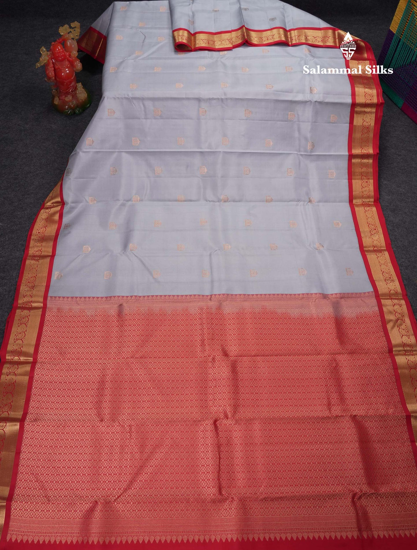 Beautiful Light Blue Pure Kanjivaram Silk Saree With Contrast Chilly Red Traditional Medium Border