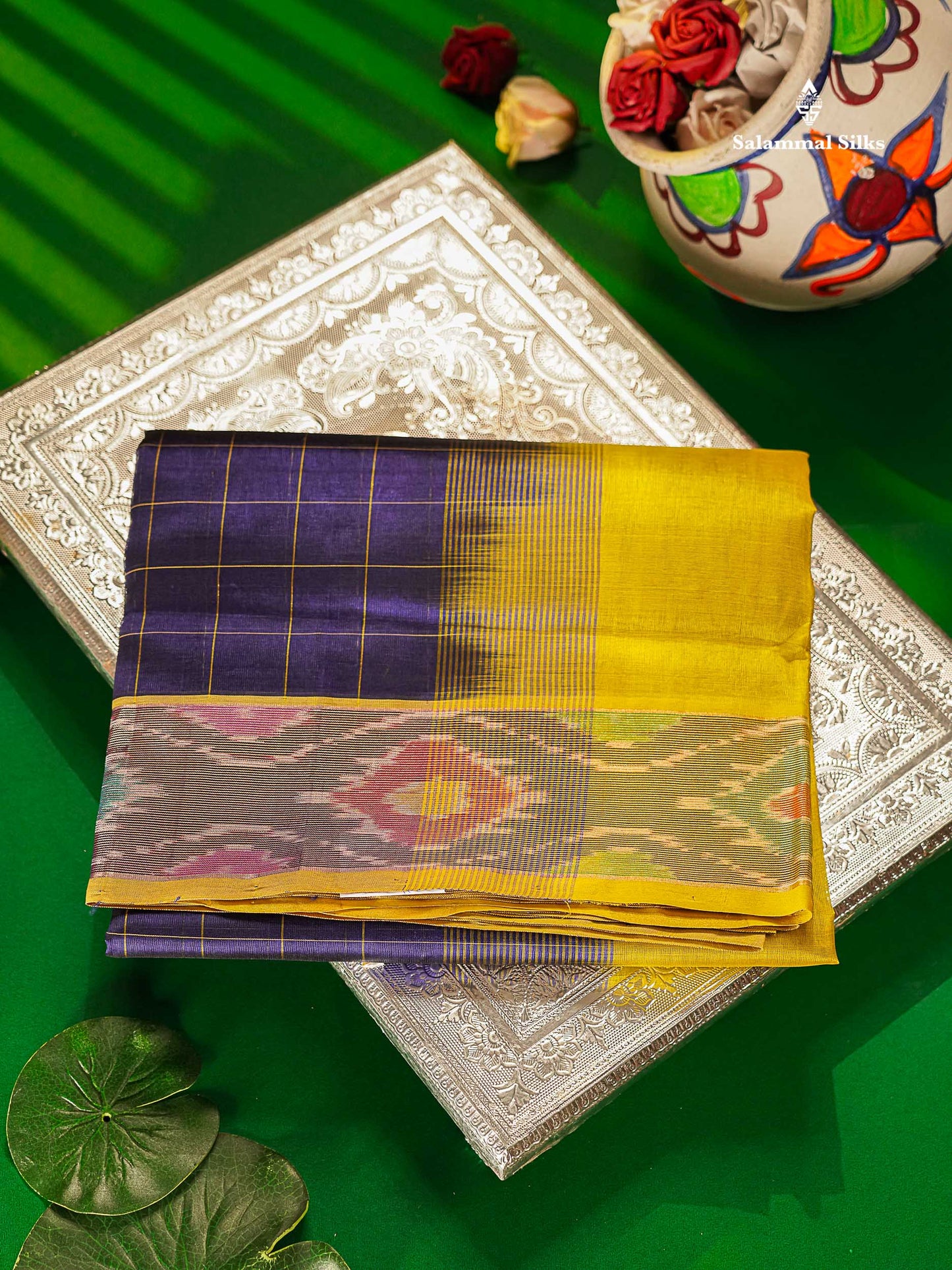 Pure Silk Cotton Saree - Dual Tone Navy Blue Checks With Contrast Lemon Yellow Pochampalli Design Tissue Border