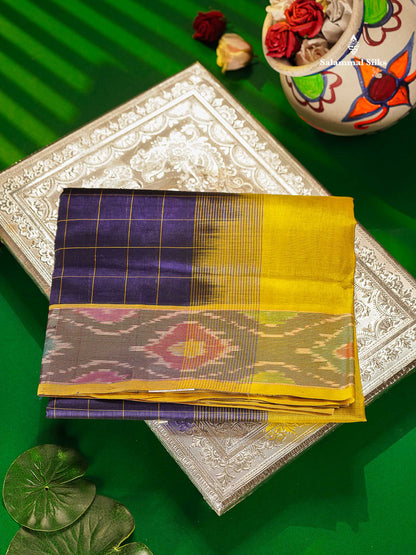 Pure Silk Cotton Saree - Dual Tone Navy Blue Checks With Contrast Lemon Yellow Pochampalli Design Tissue Border