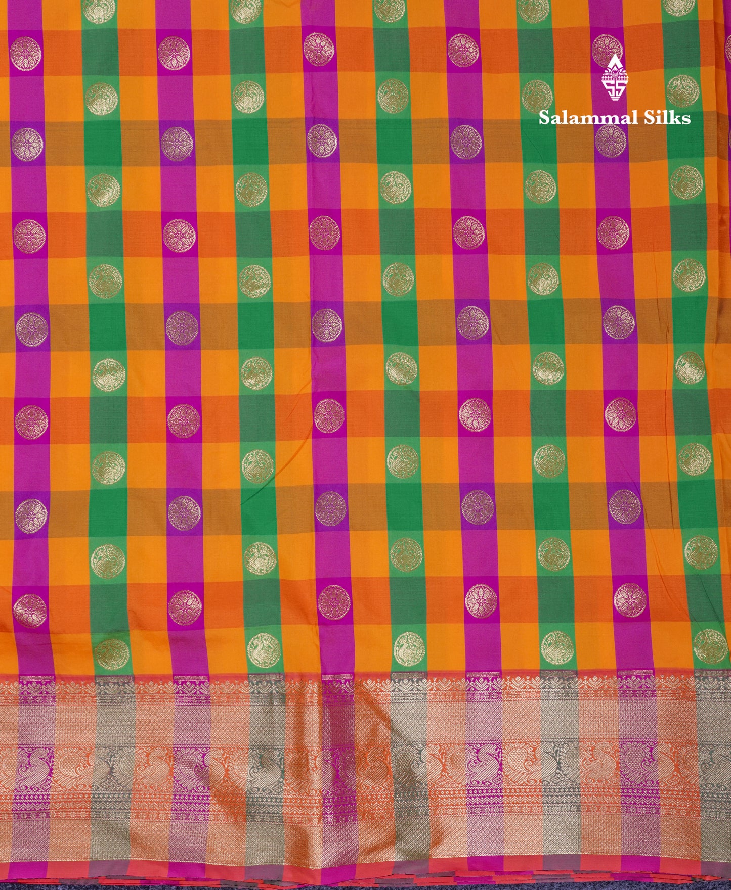 9.5 Yards Semi Silk Saree Paalum Pazham Checks With Contrast Pink Traditional Border
