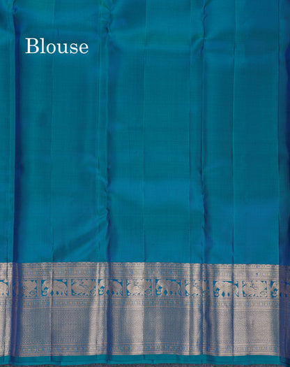 Beautiful Dual Tone Peacock Blue Bridal Pure Kanjivaram Silk Saree With Traditional Evening Morning Border