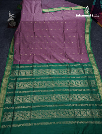 Light Violet Kalyani Cotton Saree With Contrast Green Border