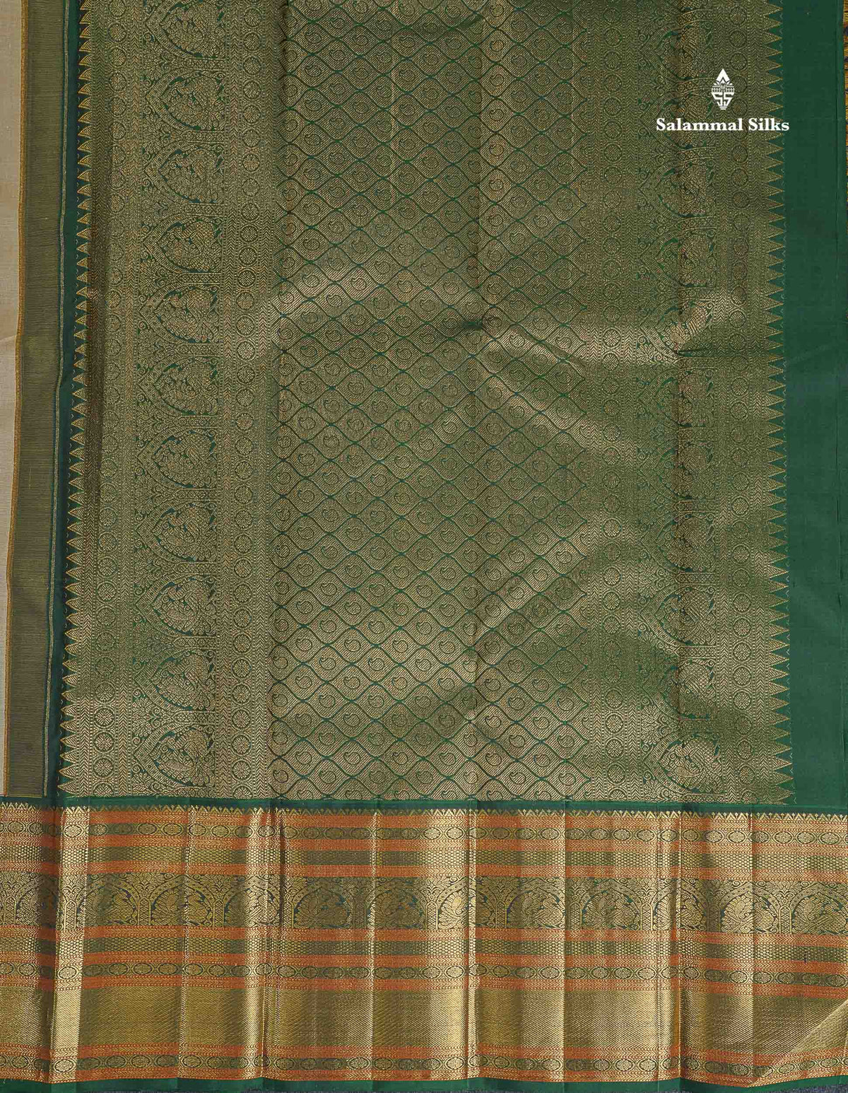 Korvai Pure Kanjivaram Silk Saree - Beige Colour Body With Contrast Bottle Green Evening Morning Border