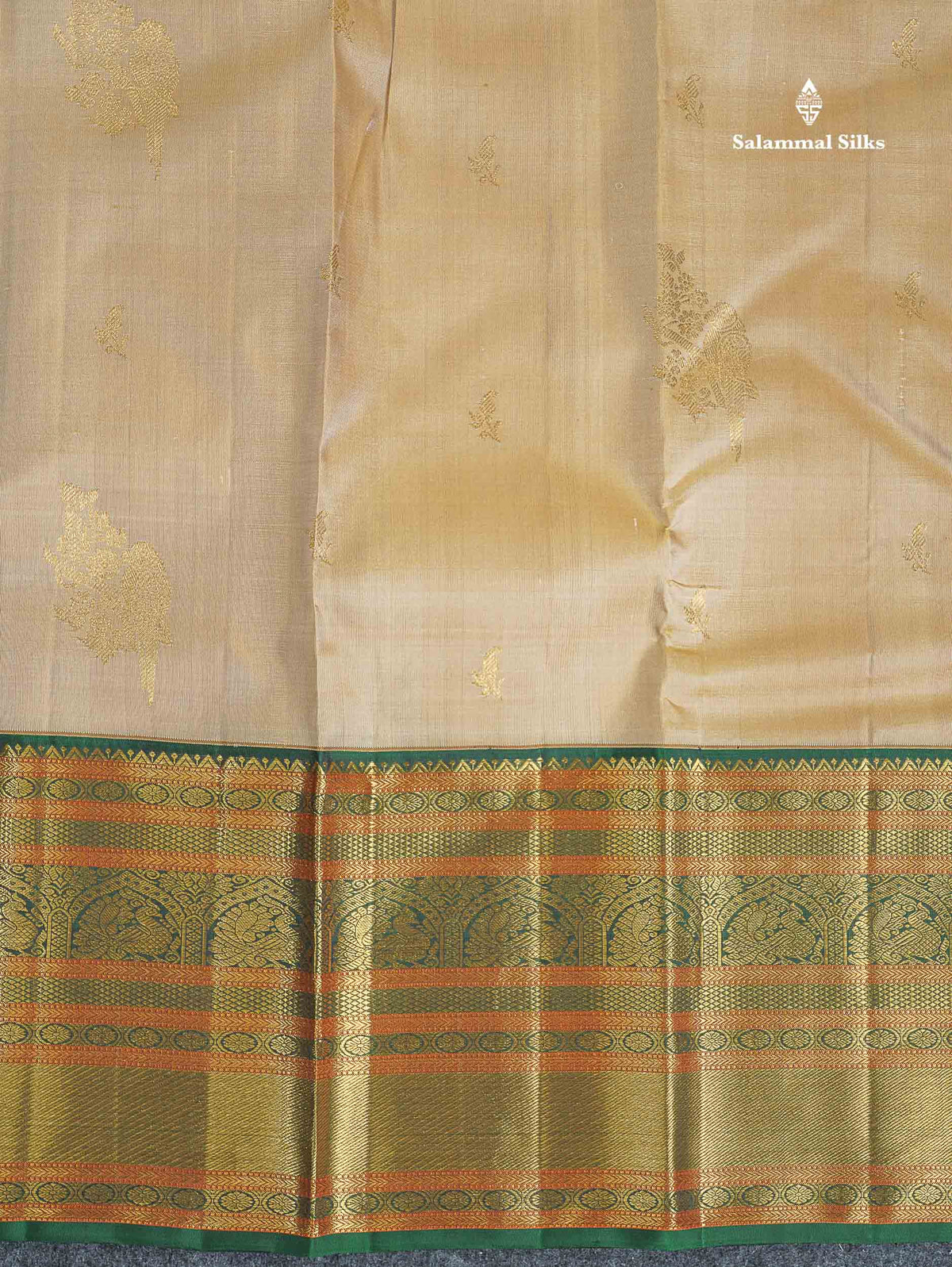 Korvai Pure Kanjivaram Silk Saree - Beige Colour Body With Contrast Bottle Green Evening Morning Border