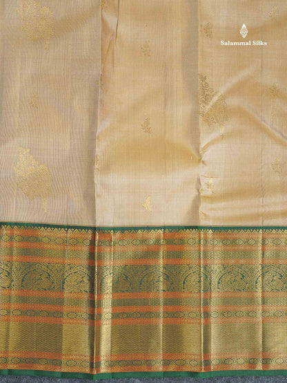 Korvai Pure Kanjivaram Silk Saree - Beige Colour Body With Contrast Bottle Green Evening Morning Border