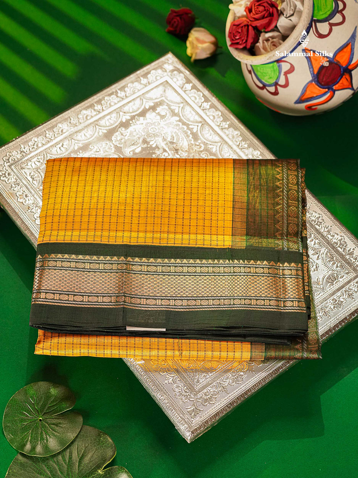 Pure Silk Cotton Saree - Mustard Yellow Small Checks Along With Contrast Bottle Green Traditional Border