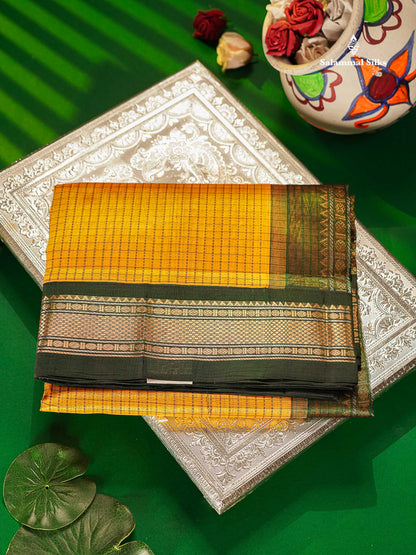 Pure Silk Cotton Saree - Mustard Yellow Small Checks Along With Contrast Bottle Green Traditional Border