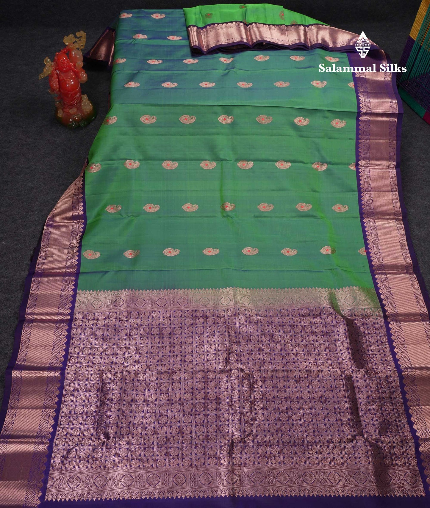 Beautiful Dual Tone Sapphire Green Menakari Work Pure Kanjivaram Silk Saree With Contrast Navy Blue Traditional Border