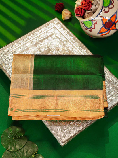 Pure Silk Cotton Saree - Bottle Green Plain Along With Contrast Cream Sandal Traditional Border