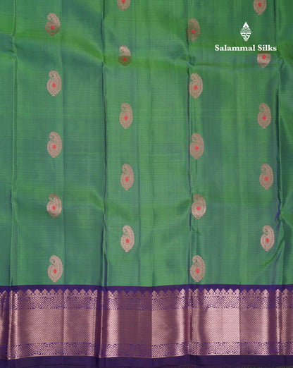 Beautiful Dual Tone Sapphire Green Menakari Work Pure Kanjivaram Silk Saree With Contrast Navy Blue Traditional Border