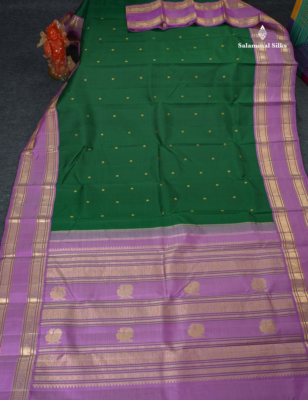 Korvai Pure Kanjivaram Silk Saree - Bottle Green Colour Body Zari Butta With Lavender Traditional Gap border