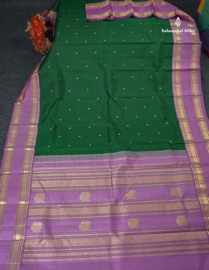Korvai Pure Kanjivaram Silk Saree - Bottle Green Colour Body Zari Butta With Lavender Traditional Gap border