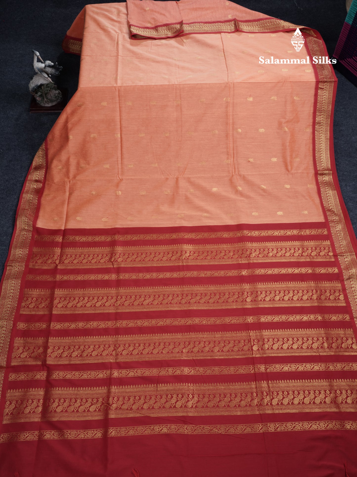 Light Orange Kalyani Cotton Saree With Contrast Reddish Maroon Border