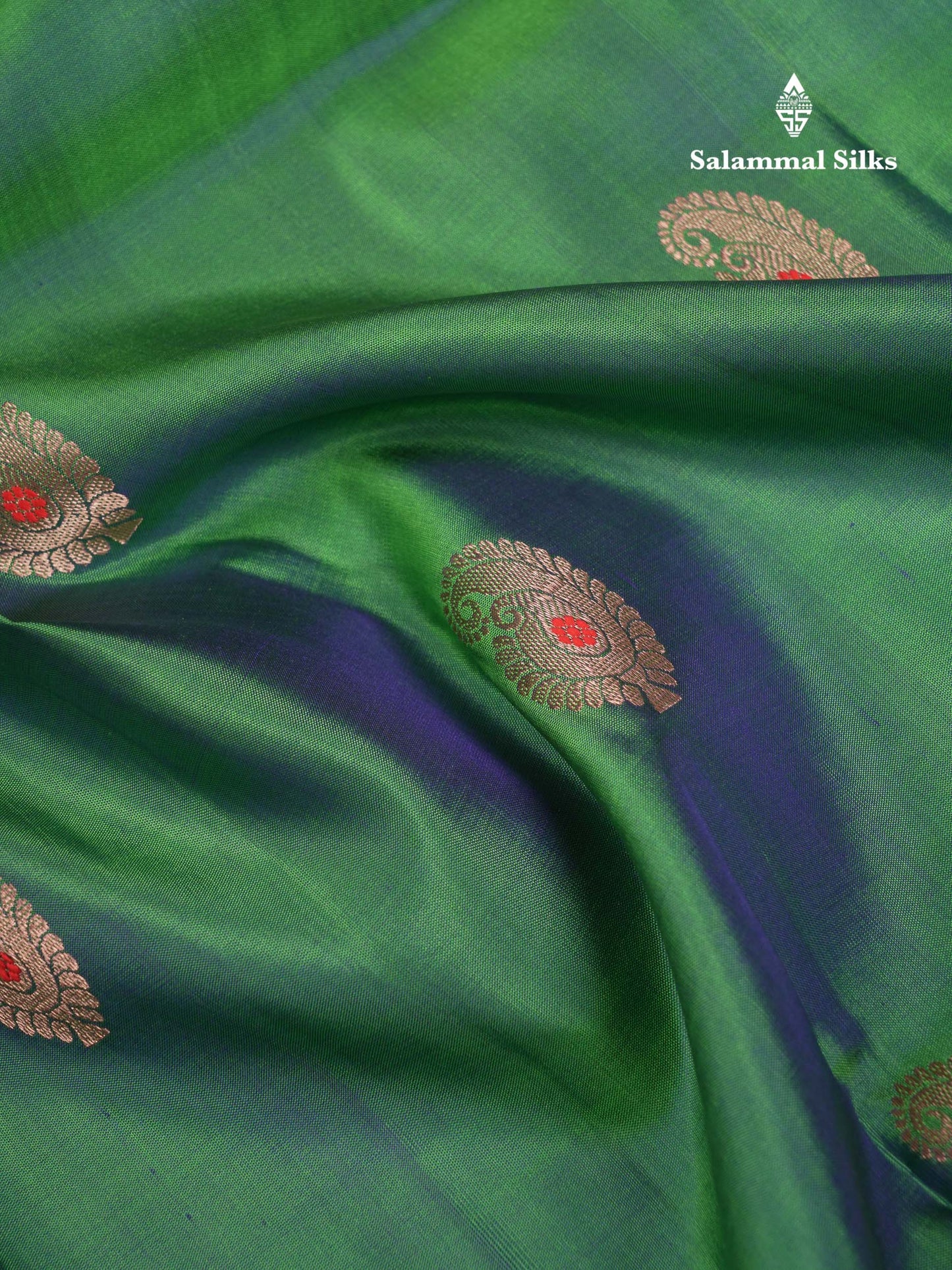Beautiful Dual Tone Sapphire Green Menakari Work Pure Kanjivaram Silk Saree With Contrast Navy Blue Traditional Border