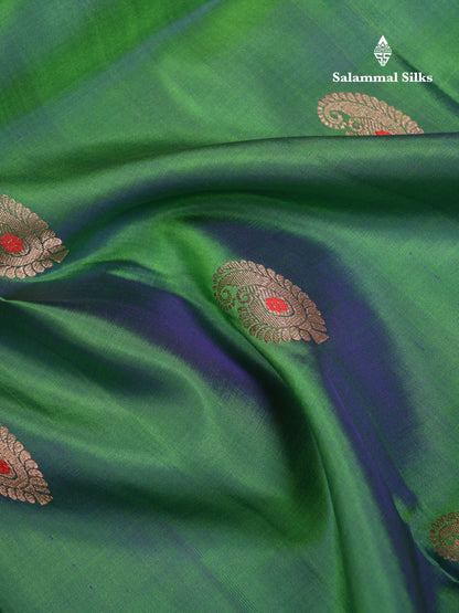 Beautiful Dual Tone Sapphire Green Menakari Work Pure Kanjivaram Silk Saree With Contrast Navy Blue Traditional Border