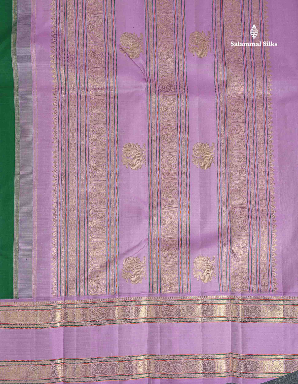 Korvai Pure Kanjivaram Silk Saree - Bottle Green Colour Body Zari Butta With Lavender Traditional Gap border