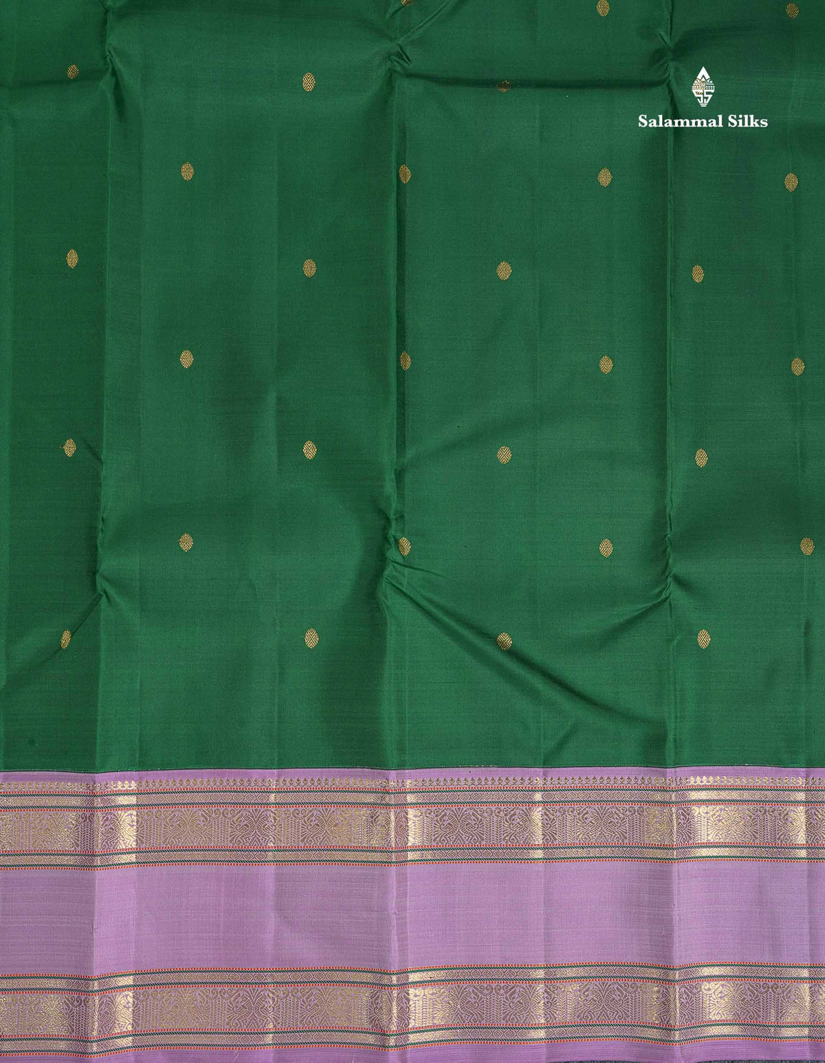 Korvai Pure Kanjivaram Silk Saree - Bottle Green Colour Body Zari Butta With Lavender Traditional Gap border