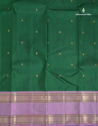 Korvai Pure Kanjivaram Silk Saree - Bottle Green Colour Body Zari Butta With Lavender Traditional Gap border