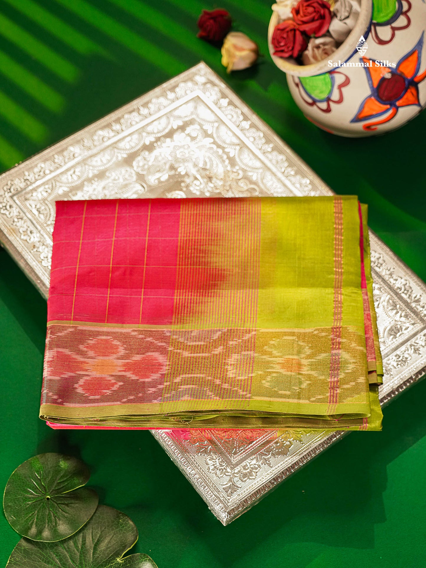 Pure Silk Cotton Saree - Dual Tone Pink Checks With Contrast Parrot Green Pochampalli Design Tissue Border