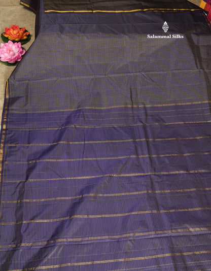 10 Yards Pure Silk Saree Tiny Zari Checks Navy Blue with Small Border