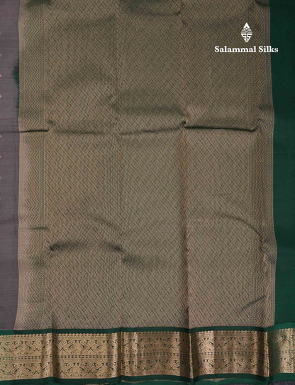 Beautiful Grey Pure Kanjivaram Silk Saree With Contrast Bottle Green Traditional Border