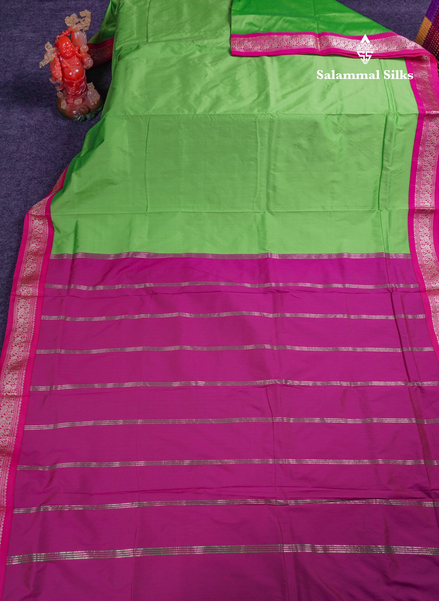 9.5 Yards Semi Silk Saree Parrot Green with Contrast Pink Traditional Border