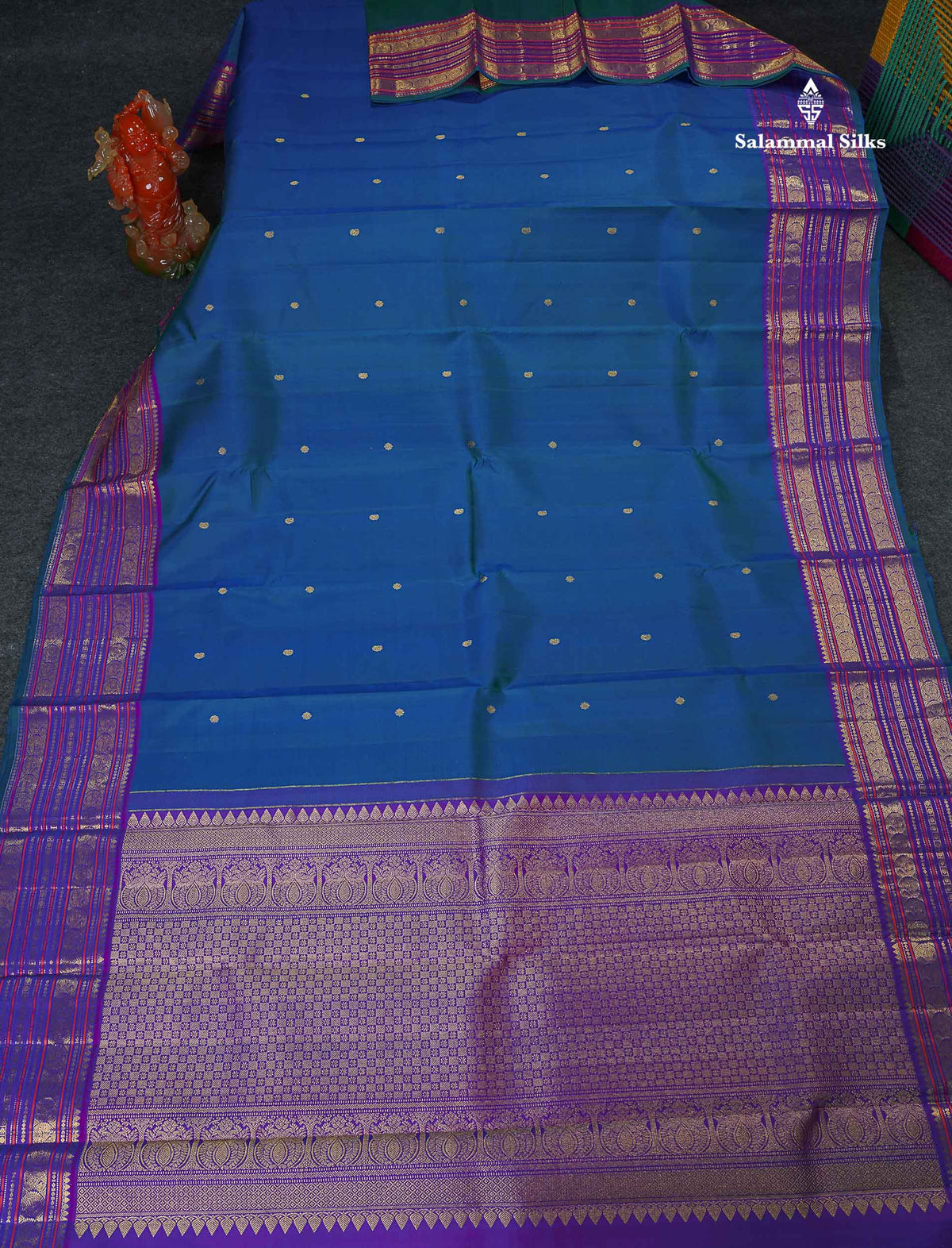 Pure Kanjivaram Silk Saree - Peacock Blue Colour Body Zari Butta With Contrast Purple Border