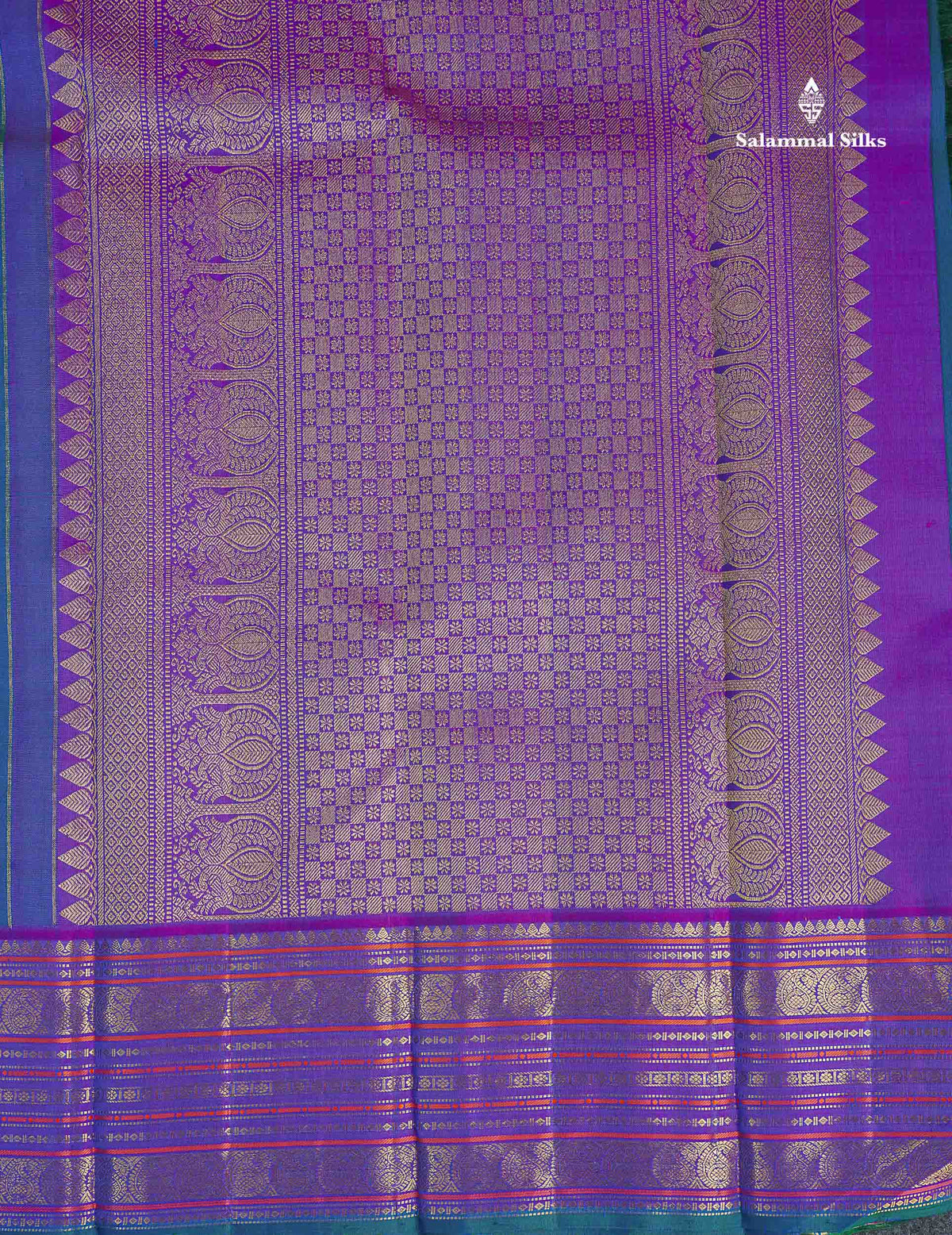 Pure Kanjivaram Silk Saree - Peacock Blue Colour Body Zari Butta With Contrast Purple Border