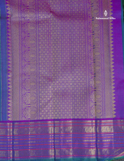 Pure Kanjivaram Silk Saree - Peacock Blue Colour Body Zari Butta With Contrast Purple Border