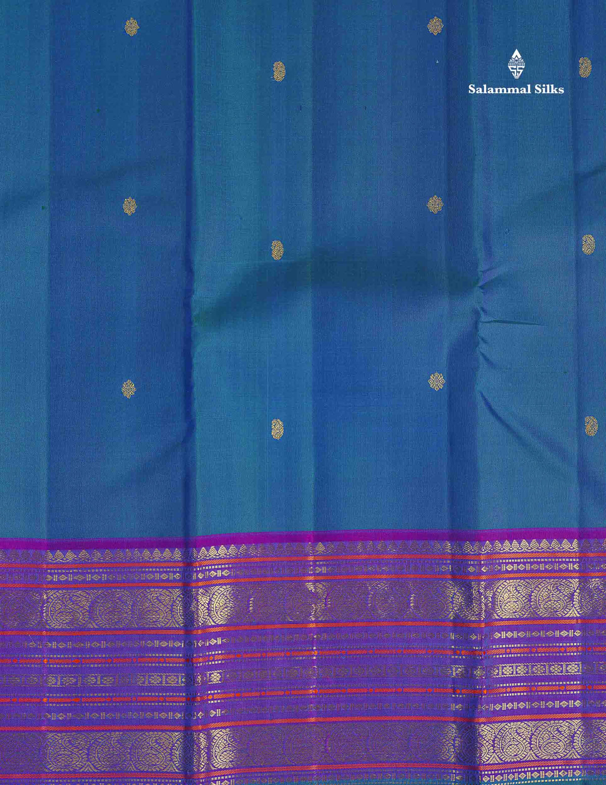 Pure Kanjivaram Silk Saree - Peacock Blue Colour Body Zari Butta With Contrast Purple Border