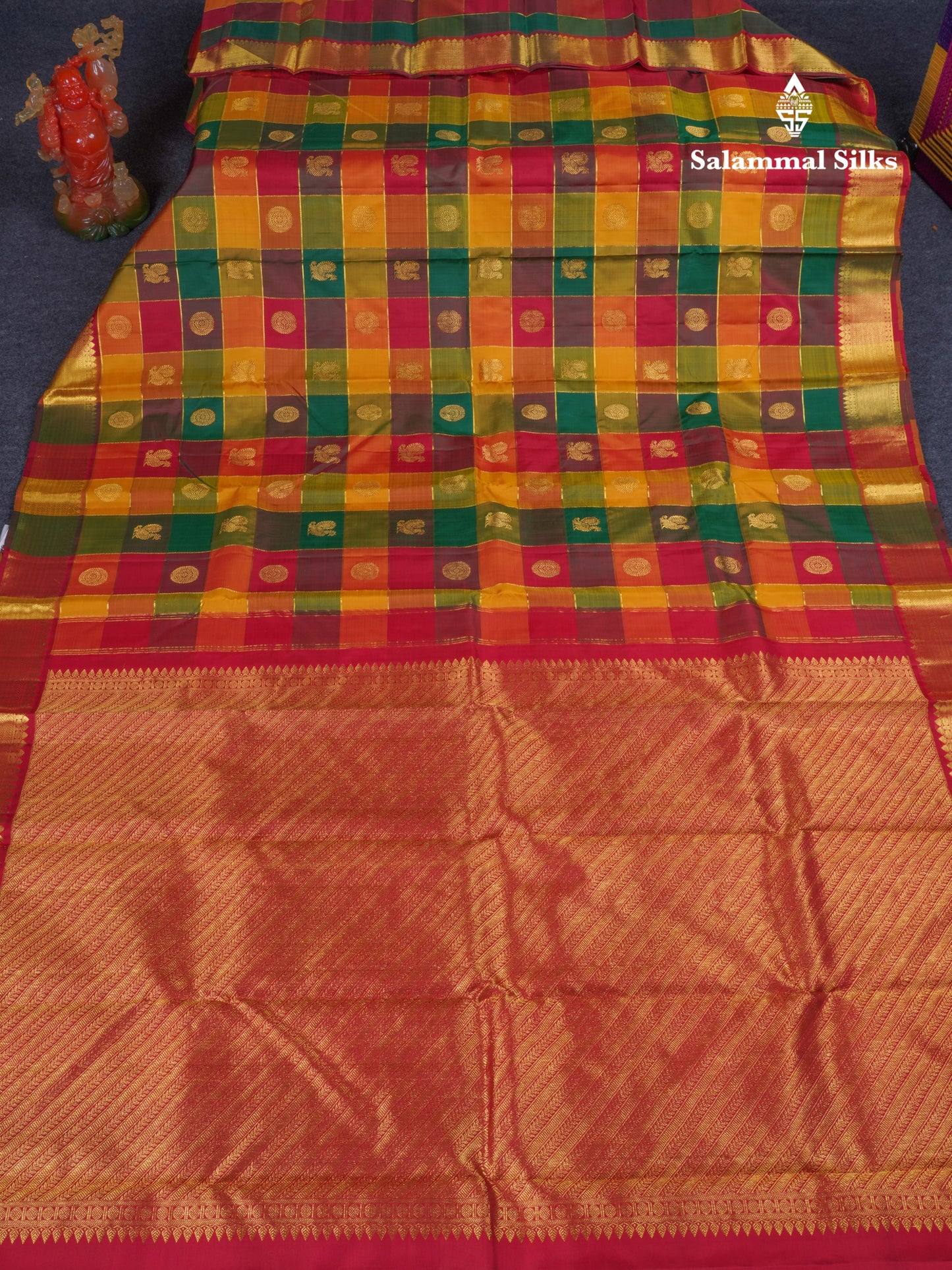 Paalum Pazham Zari Checks With Butta Pure Kanjivaram Silk Saree With Contrast Maroon Traditional Border
