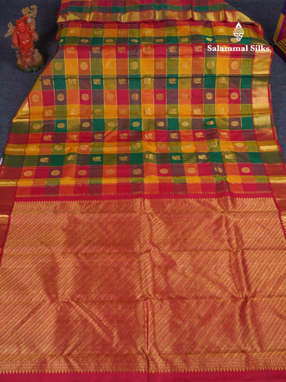 Paalum Pazham Zari Checks With Butta Pure Kanjivaram Silk Saree With Contrast Maroon Traditional Border