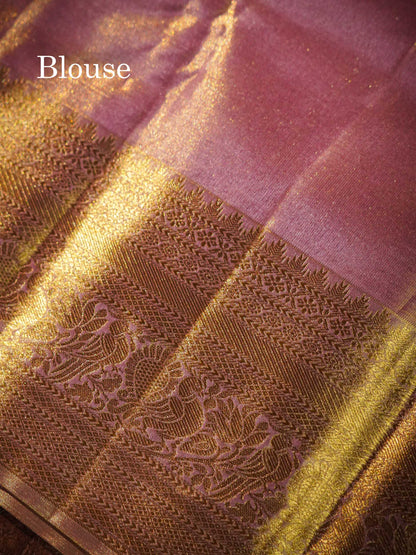 Beautiful Light Pink Tissue Bridal Pure Kanjivaram Silk Saree With Traditional Border