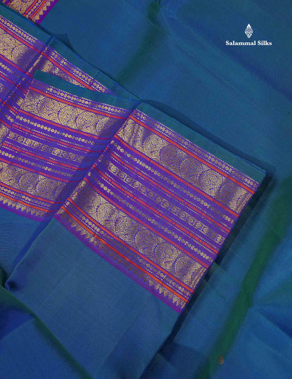 Pure Kanjivaram Silk Saree - Peacock Blue Colour Body Zari Butta With Contrast Purple Border