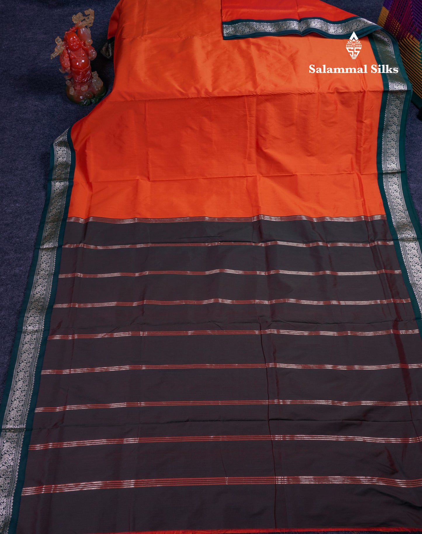 9.5 Yards Semi Silk Saree Orange With Contrast Bottle Green Traditional Border
